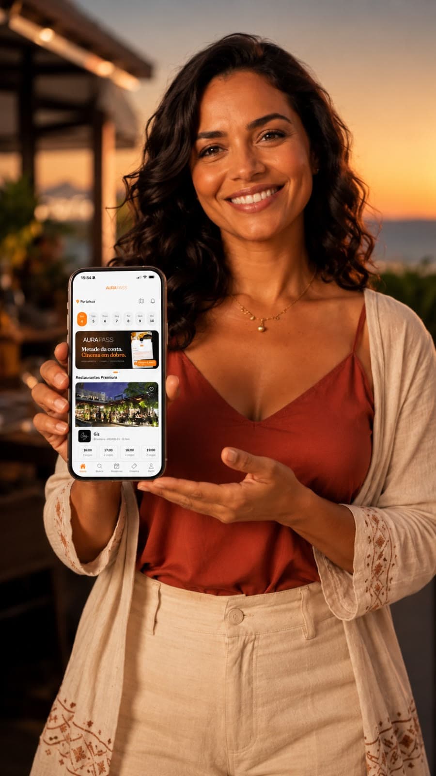 Modelo mostrando o app Aura Pass